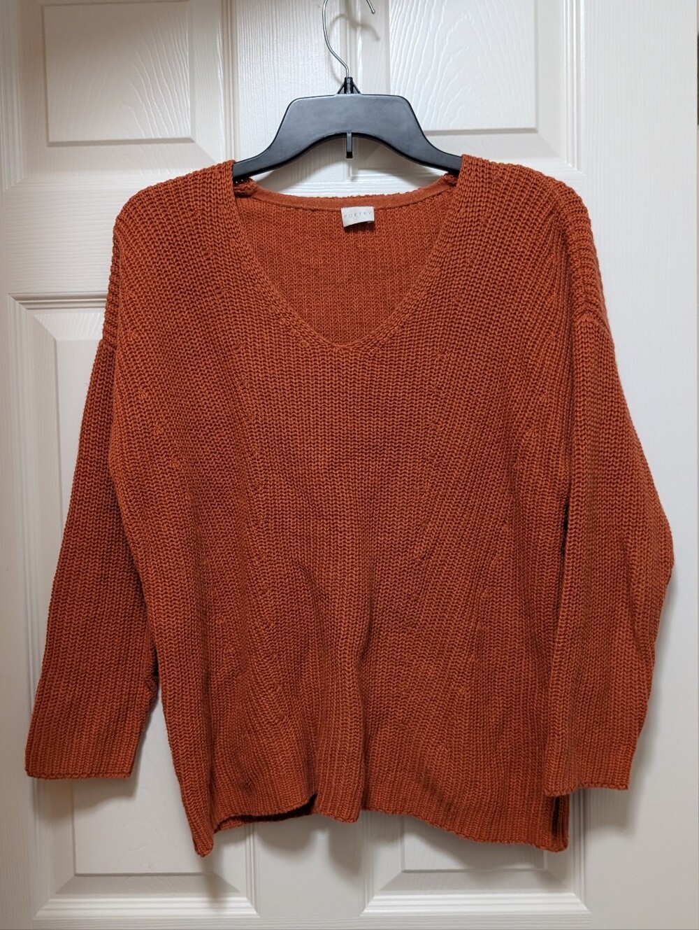 POETRY terracotta Rust orange ribbed sweater US 8 v-neck cotton linen Knit